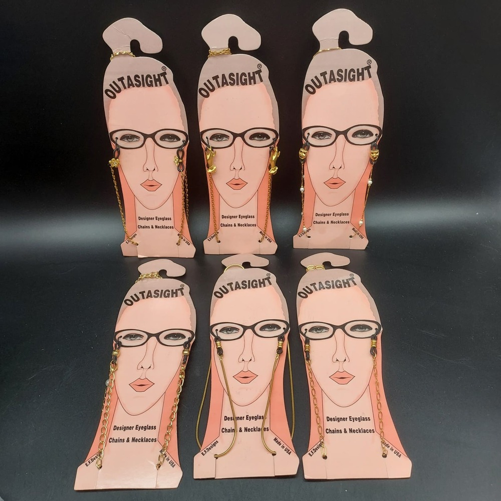 6 Gold Tone Eyeglass Chains Lot Varying Styles New On Card New Old Stock